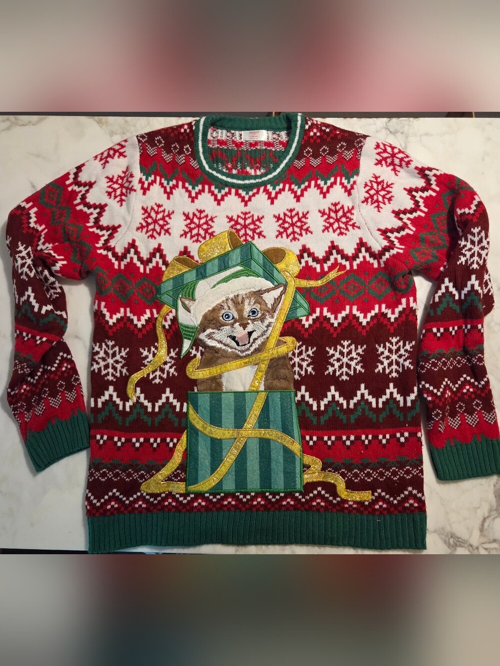Festive Cat Holiday Sweater - Ugly Sweater - Green & Red